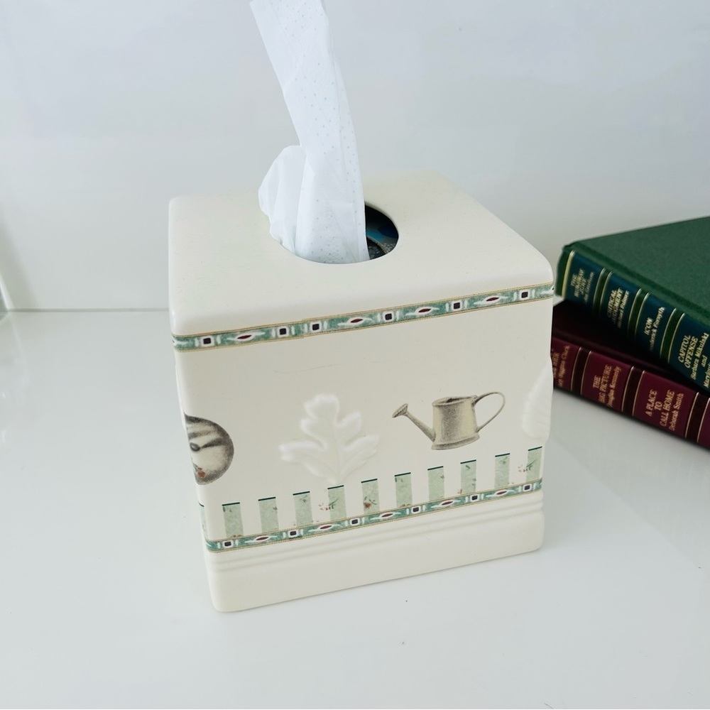 Vintage stoneware botanical nature tissue cover box